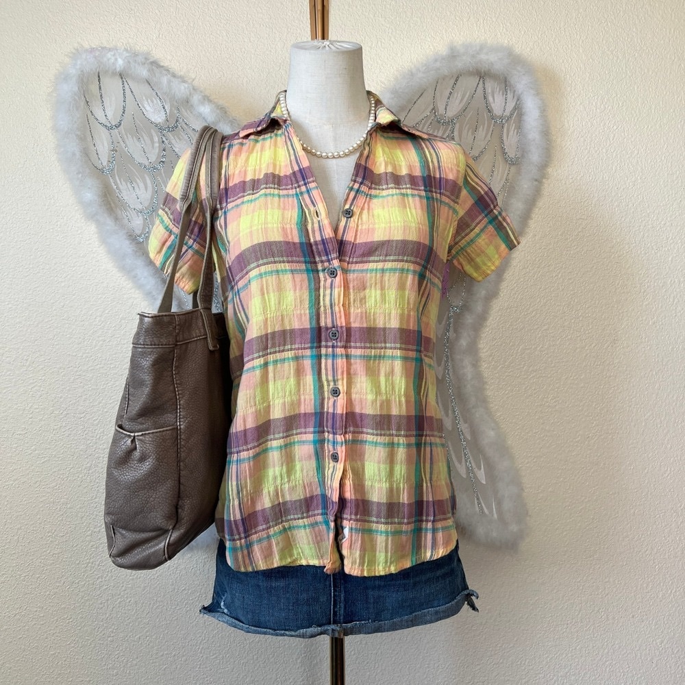 Plaid Button-Up Shirt with Brown Tote